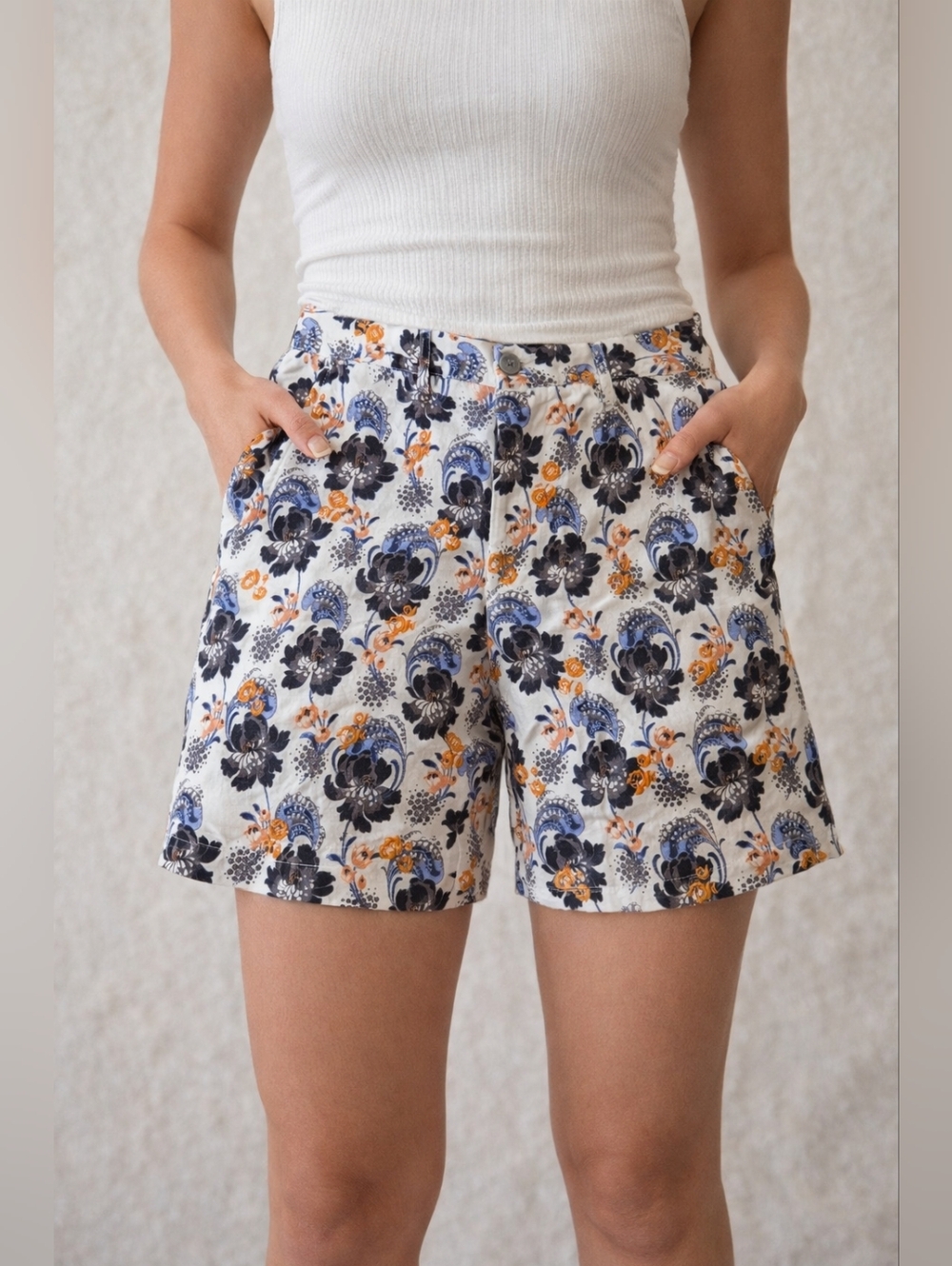 Club Monaco Floral Print Bermuda Shorts in White, Navy & Mustard